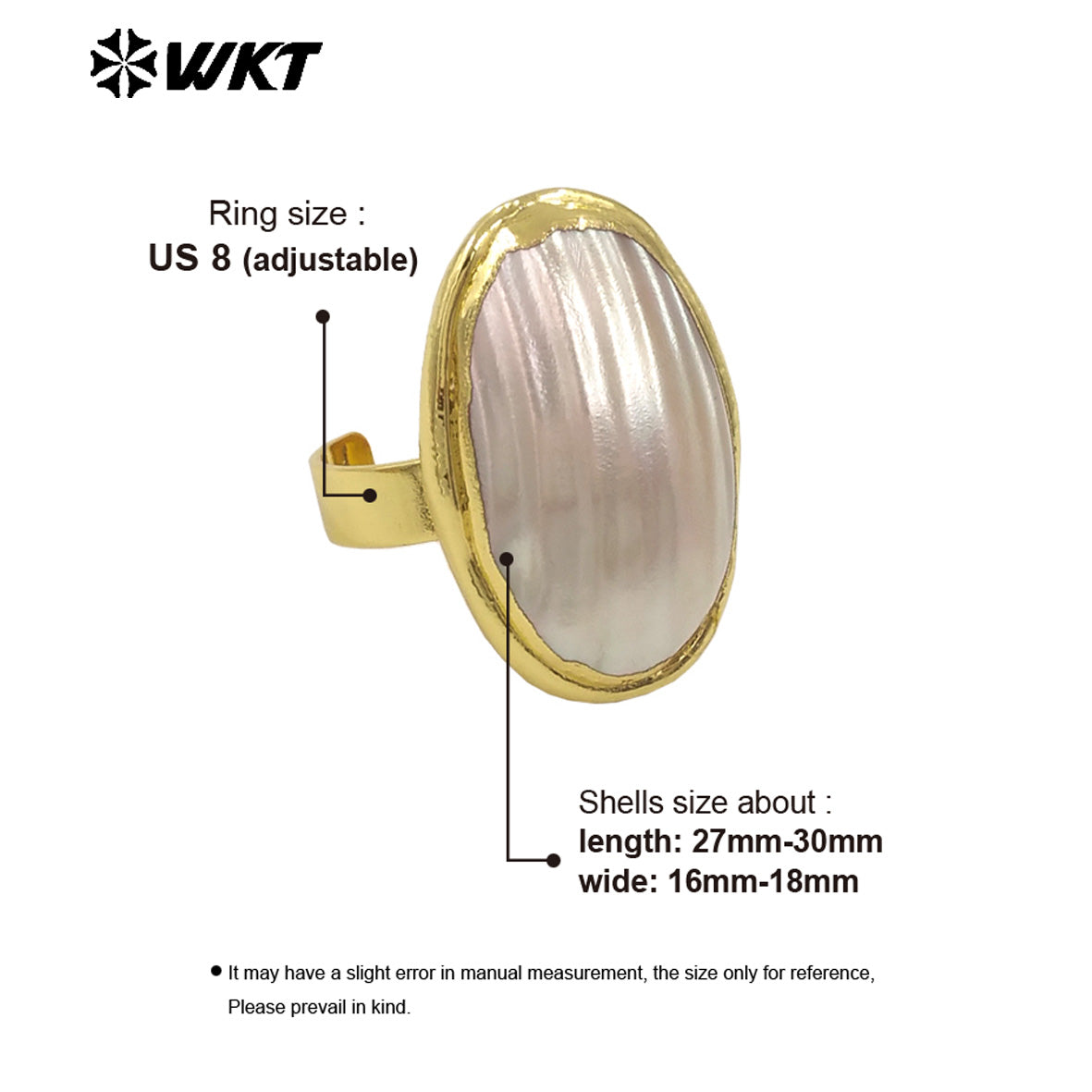 WT-MPR112 New Arrivals High Quality 18K Gold Plated Unisex Oval Adjustable Pink and White Large Mabe Shell Ring As Special Gift