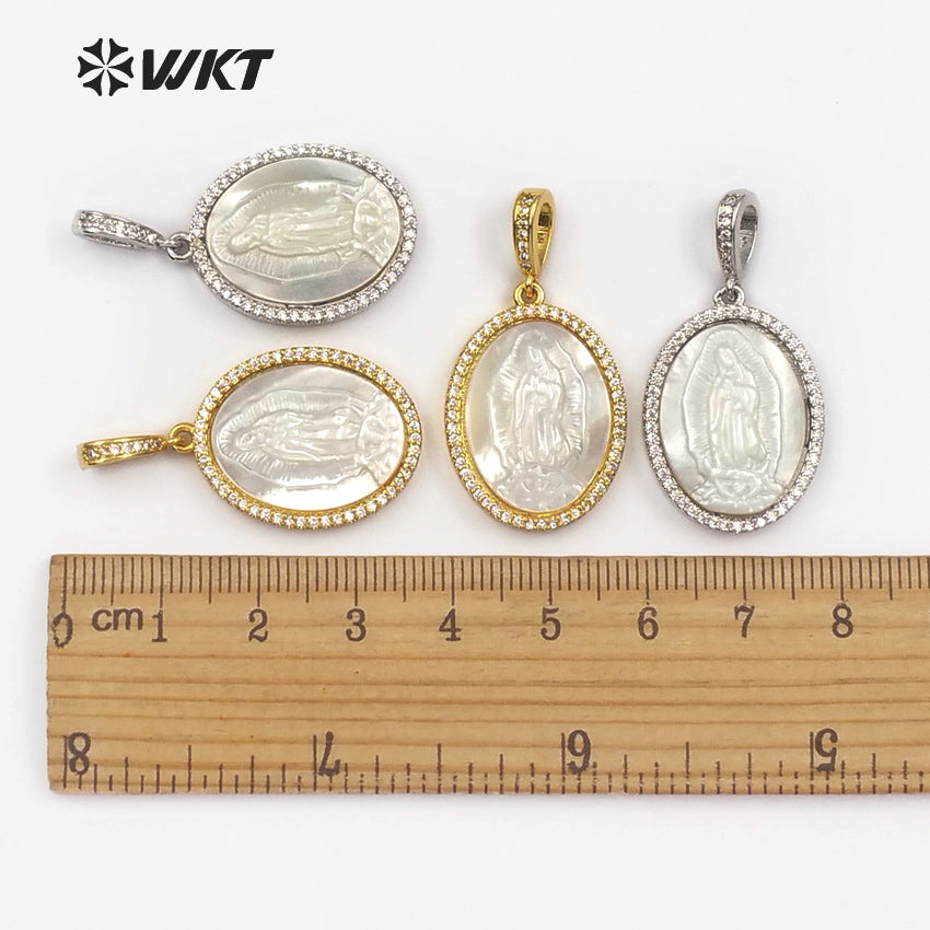 WT-MP107 Charm Dainty Virgin Mary Shell Pendent in Gold or Sliver Religious Jewelry Gift for Women Micro Pave Shell Pendant