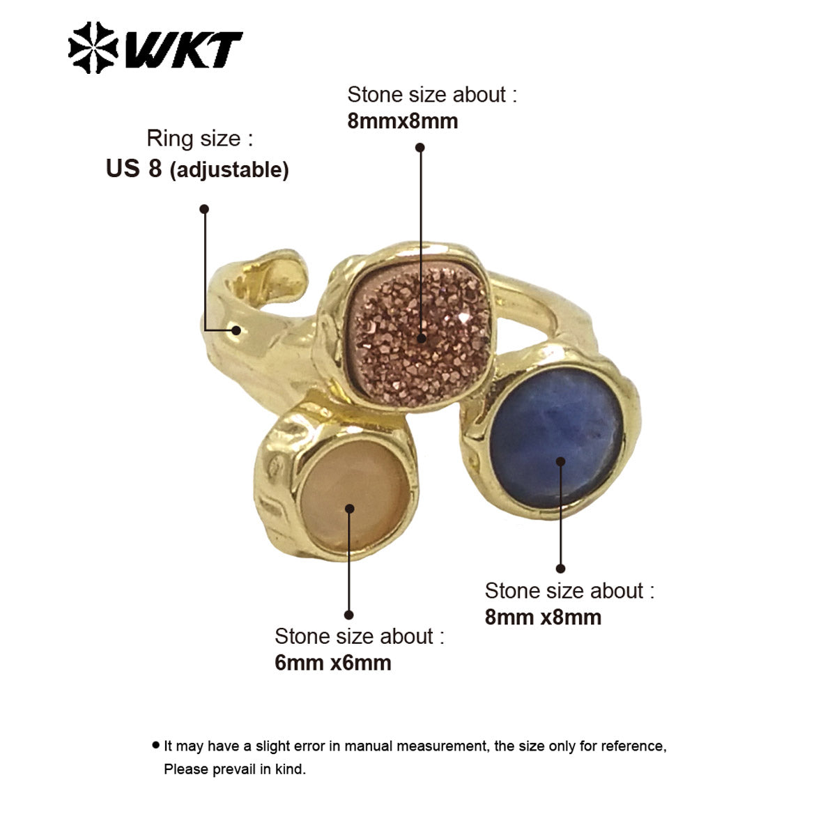 WT-R521 Wholesale 18K Real Gold Plated Triple Druzy Quartz Women Natural Stone Made Birthday Gift Ring