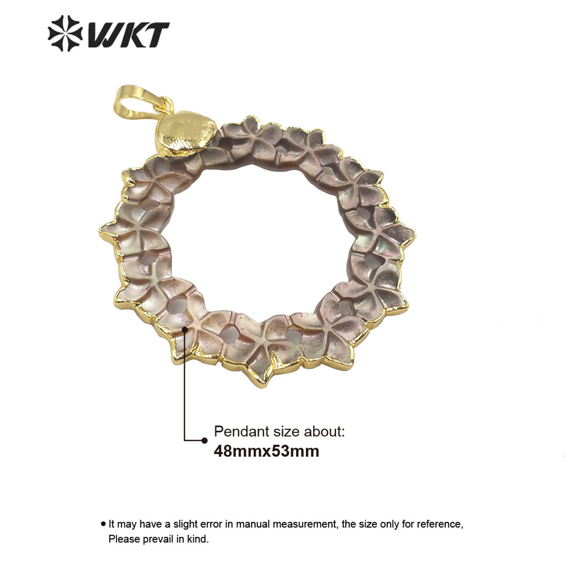 WT-JP187 Fashion Hand Carved Flower Shape Shell Pendant Gold Trim Round Natural Shell Flower Pendant for Necklace Design