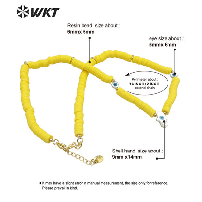 WT-JN196 Amazing New Design Healing Handsha Yellow Resin Beads Strand Necklace Natural Shell Made Hand Charm Pendant Necklace