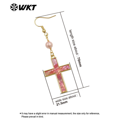 WT-MPE135 Wholesale Religious Christian Fashion Gold Bezel Setting Natural Shell Cross Pendant Earrings for Gift
