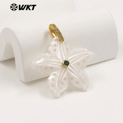 WT-JP521 Lovely Interesting Zircon And Natural White Shell Starfish Shape Gold Pendant For Women Handmade Jewelry Decorative