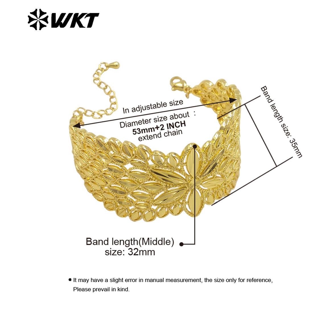WT-B676 New Stock Arrival 18K Gold Plated Natural Brass Delicate Flower Wide Adjustable Bracelet for Women As Anniversary Gift
