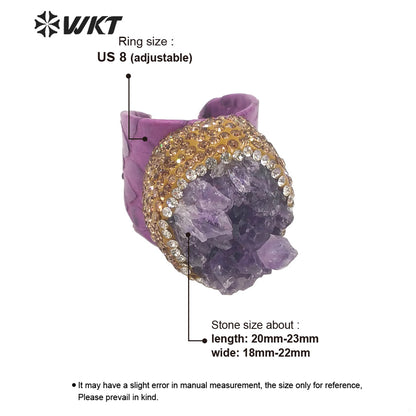 WT-R431 WKT New Design Rhinestone Hand Paved Natural Druzy Amethyst Stone Ring Women Gorgeous Genuine Leather Vintage Stone Ring