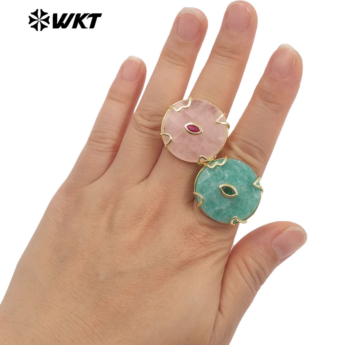 WT-R612 New Product 18K Gold Electroplated Zircon And Natural Gemstones Round Rings As Female Daily Matching Accessory