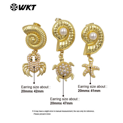 WT-ME134 Lovely Shell Shape Brass Gold Plated With Little Charm And Artificial Pearl Earrings For Women Daily Decoration