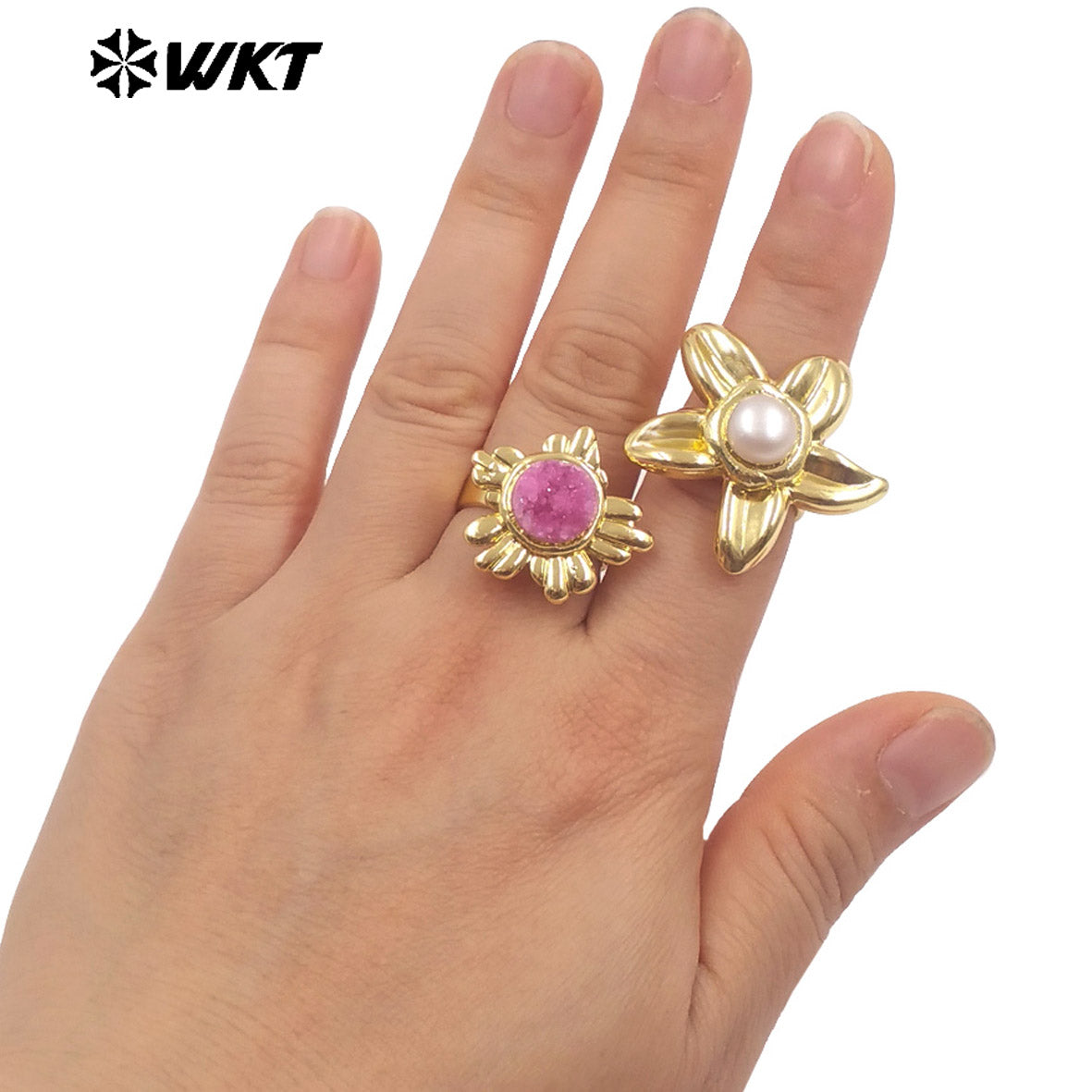 WT-R609 Beautiful Gold Plated Natural Druzy Quartz Stone Sun Flower Shape Women Rings For Party Trendy Wearing Accessory