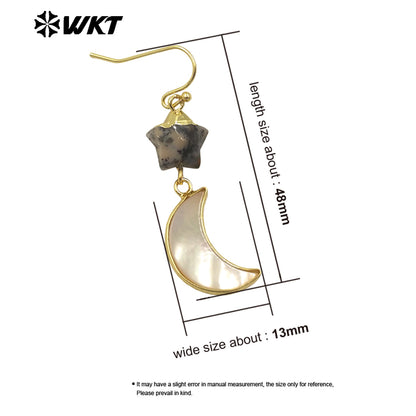 WT-MPE152 Lovely Design Natural Stone and Shell Star Earrings with Moon Shape Charms Gold Electroplated for Ladies Jewelry Gift
