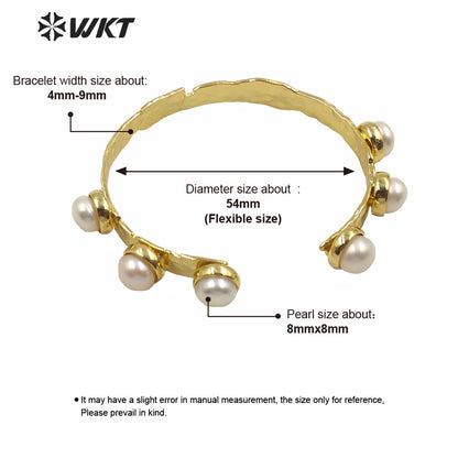 WT-MPB003 New Italy Designer Crown Shape Irregular Metal Pearl Bangle Women Fashion Tiny Gold Pearl Cuff Bangle As Gift