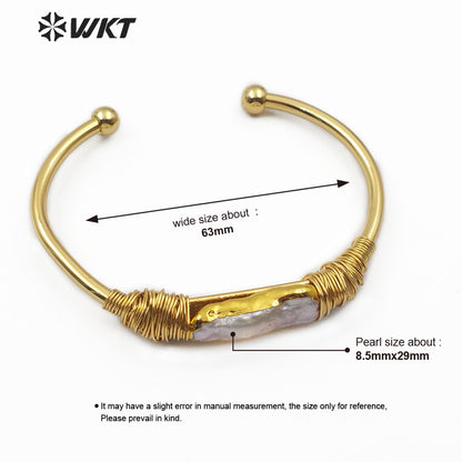 WT-B489 Natural Pearl Bangle Wire Wrapped Bangle Gold Bezel Irregular Pearl Bracelet Women Fashion Charm Bracelet Jewelry