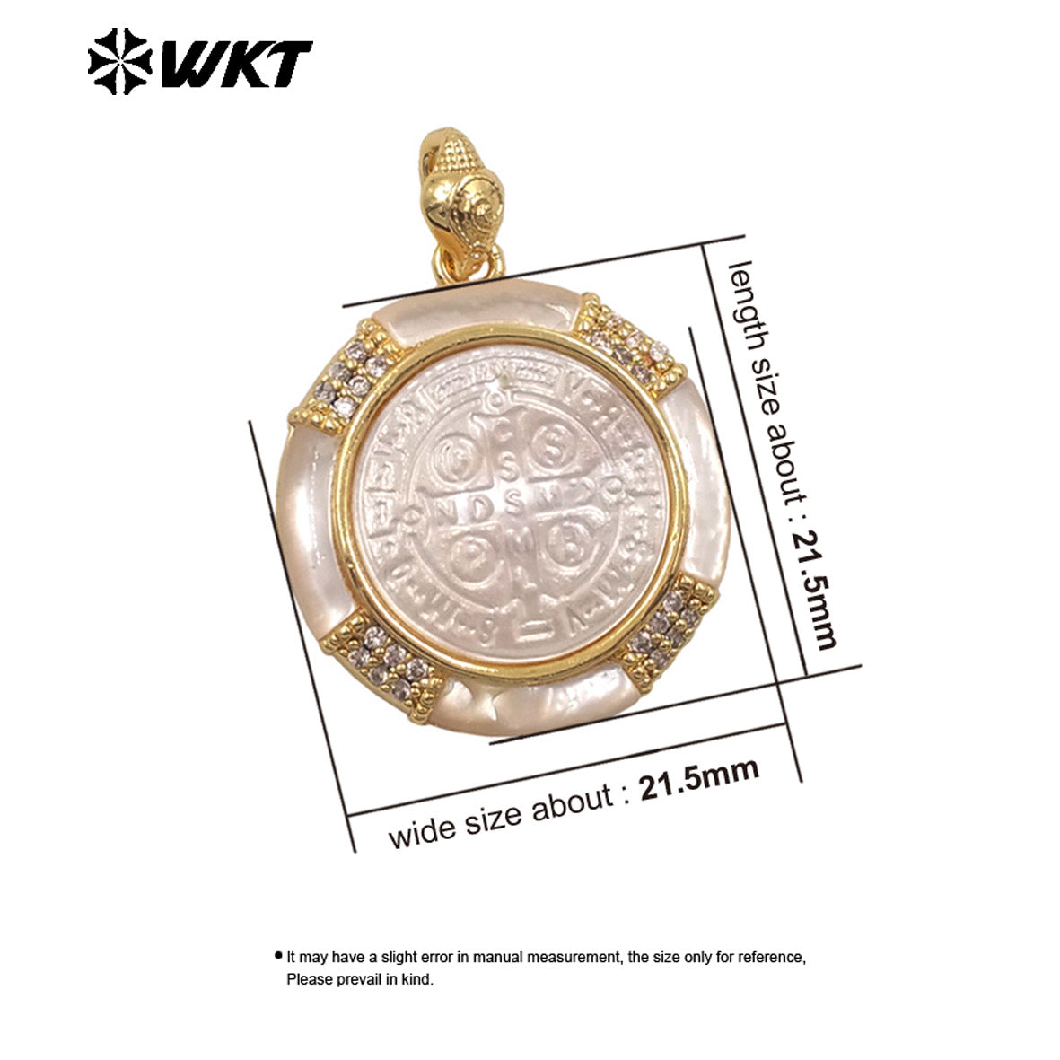 WT-JP468 Minimalist 18K Gold Plated Zircon And Natural Shell Round Religious Styles Pendants For Fashion Necklace Making