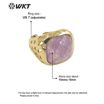 WT-R442 Wholesale Fashion 18k Gold Plated Resist Tarnishable square Gemstone Women Ring Amethyst Bezel Setting Jewelry Ring