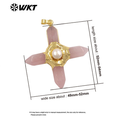 WT-P1967 Wholesale Fashion Gold Plated Cross Healing Energy Gemstone Point Anchor Pendants Special Rose Quartz Jewelry