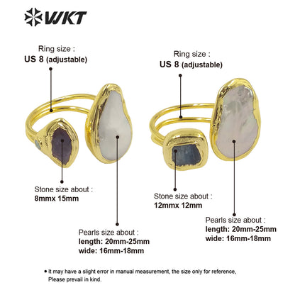 WT-MPR036 Refined Elegant Ladies Rings Blue Kyanite 18k Gold Plated Rings Open Adjustable Size Natural Pearl Gemstone Rings