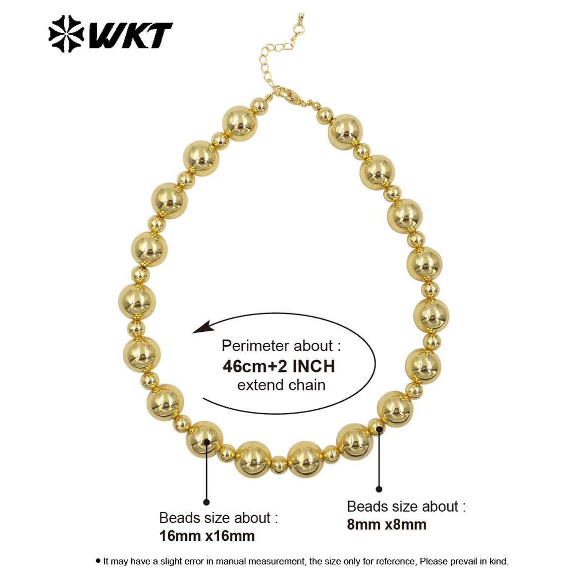 WT-JFN15 New Popular Simple Cool 18K Real Gold Plated 16MM Big Brass Ball Beads Women Necklace With Extend 18inch Long