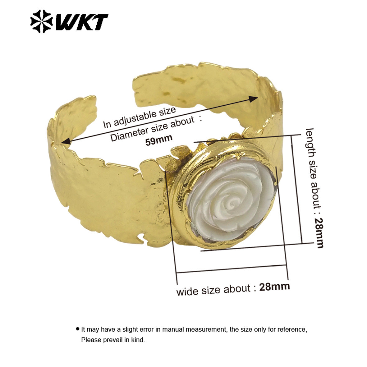 MPB124 Classical Gold Electroplated Cuff Bangle With Natural MOP Shell Handmade Carved Rose Flower Shape Women Party Accessory