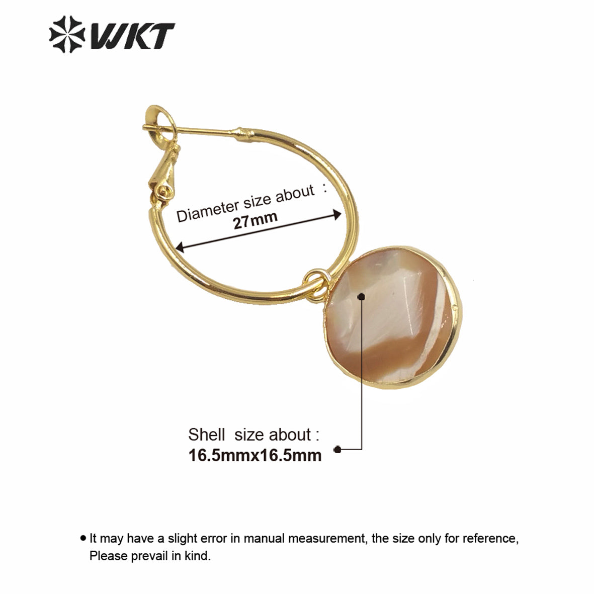 WT-MPE035 Fashion Gold Electroplated Round Shell Charm Earrings Women Round Faceted Shell Hoop Earrings for Wedding Earrings