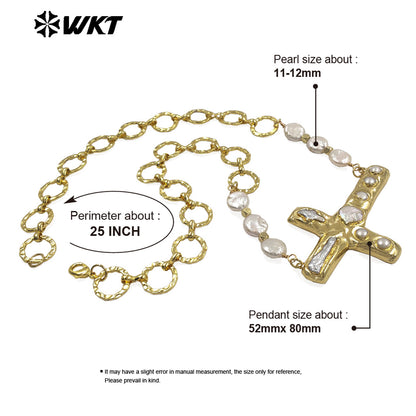 WT-JN369 Exclusive 18K Gold Electroplated Natural Freshwater Pearl Chain And Cross Pendant Necklace For Women Daily Matching
