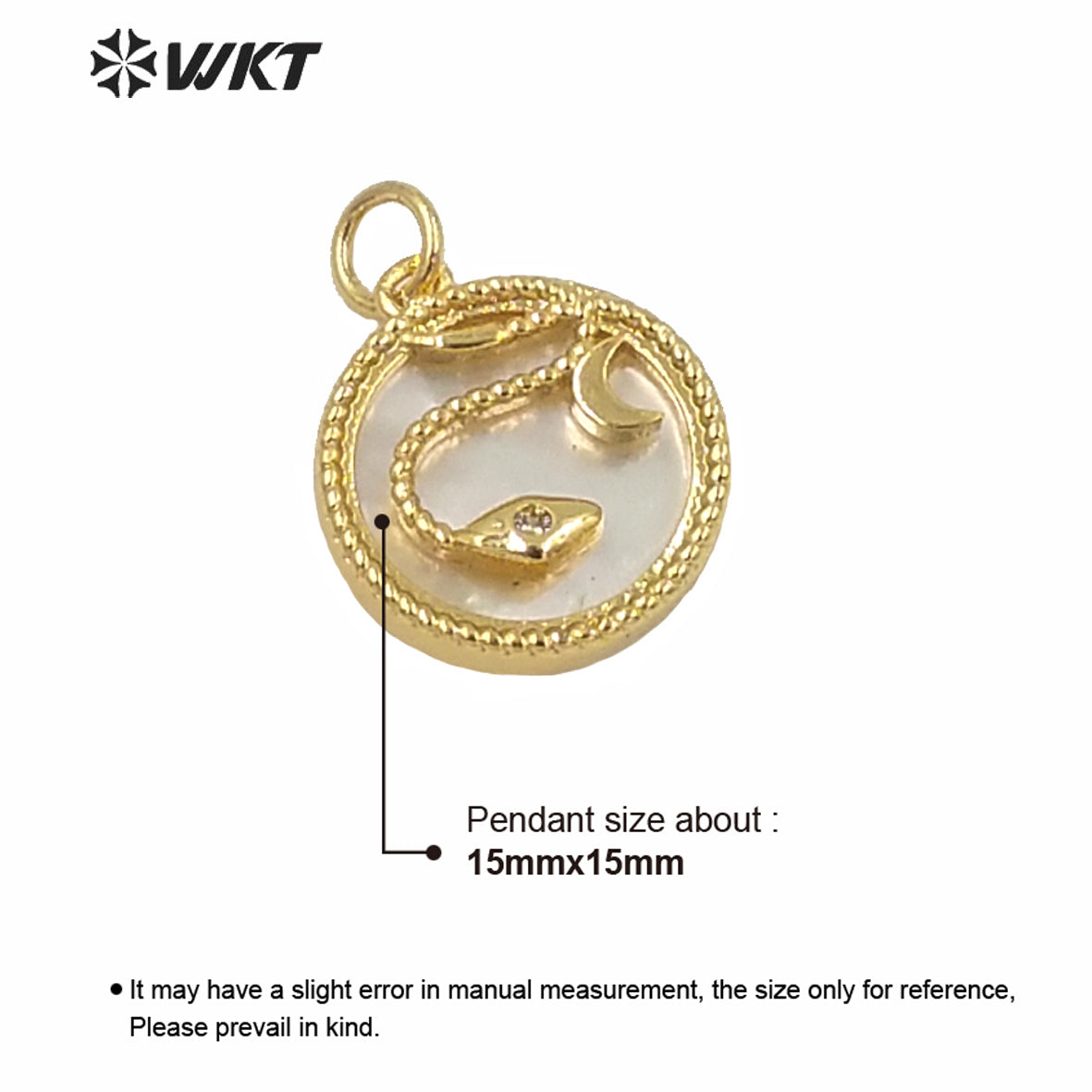 WT-MP178 WKT New White Mother of Pearl Gold Bezel Shell Pendant Lady Fashion Micro Pave Snake Cz Pendants in 15mm