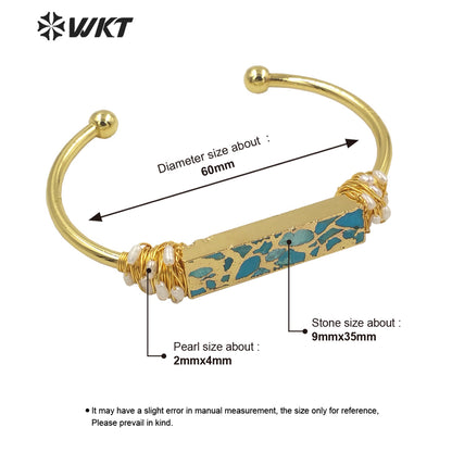 WT-B581 Wholesale Fashion Chic Lady Gorgeous Copper Turquoise Stone Bangle 18k Real Gold Plated Resist Tarnishable Wire Bangle