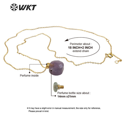 WT-N1457 New Design Natural Rainbow Fluorite Faceted Gold Plated and Stainless Steel Essencial Oil Bottle Necklace Jewelry