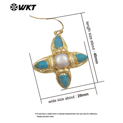 WT-E803 Exclusive Design Back Full Gold Plated Protruding Natural Turquoise And Pearl Cross Earrings As Unique Jewelry Accessory