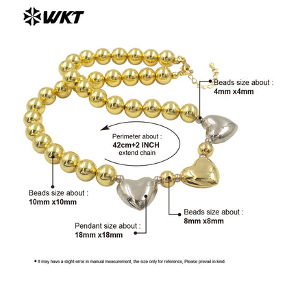 WT-JFN27 Wholesale New 18K Gold Plated Natural Yellow Brass Round Beads Love Shaped Women Fashion Necklace Jewelry Finished