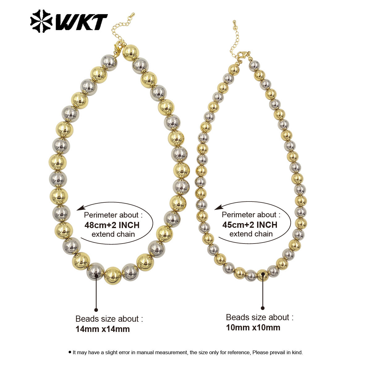 WT-JFN11 Wholesale New Popular Design Double Color Mixsure Unique Women Big Metal Ball Beads Hand Strand Necklace With Extend