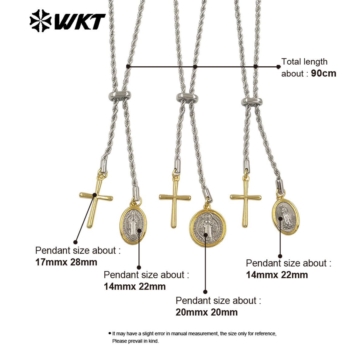 WT-JFN56 Religious Style Silver Chain With Yellow Brass Gold Plated Cross Round Charms Necklace As Ladies Daily Decorations