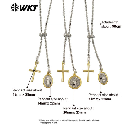 WT-JFN56 Religious Style Silver Chain With Yellow Brass Gold Plated Cross Round Charms Necklace As Ladies Daily Decorations