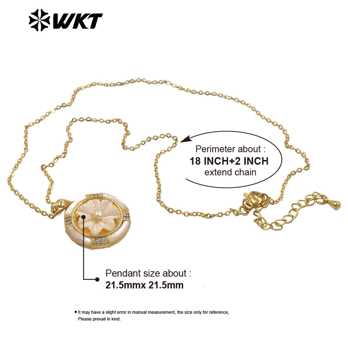 WT-JN365 Newest Design Gold Plated Natural Shell With Zircon Hand Carved Flower Shape Round Pendant Necklace As Lady Accessory