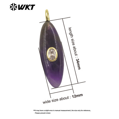 WT-P2053 Popular Style Zircon Gold Plated Natural Gemstones Long Oval Shape Pendants For Women Necklace Making Findings