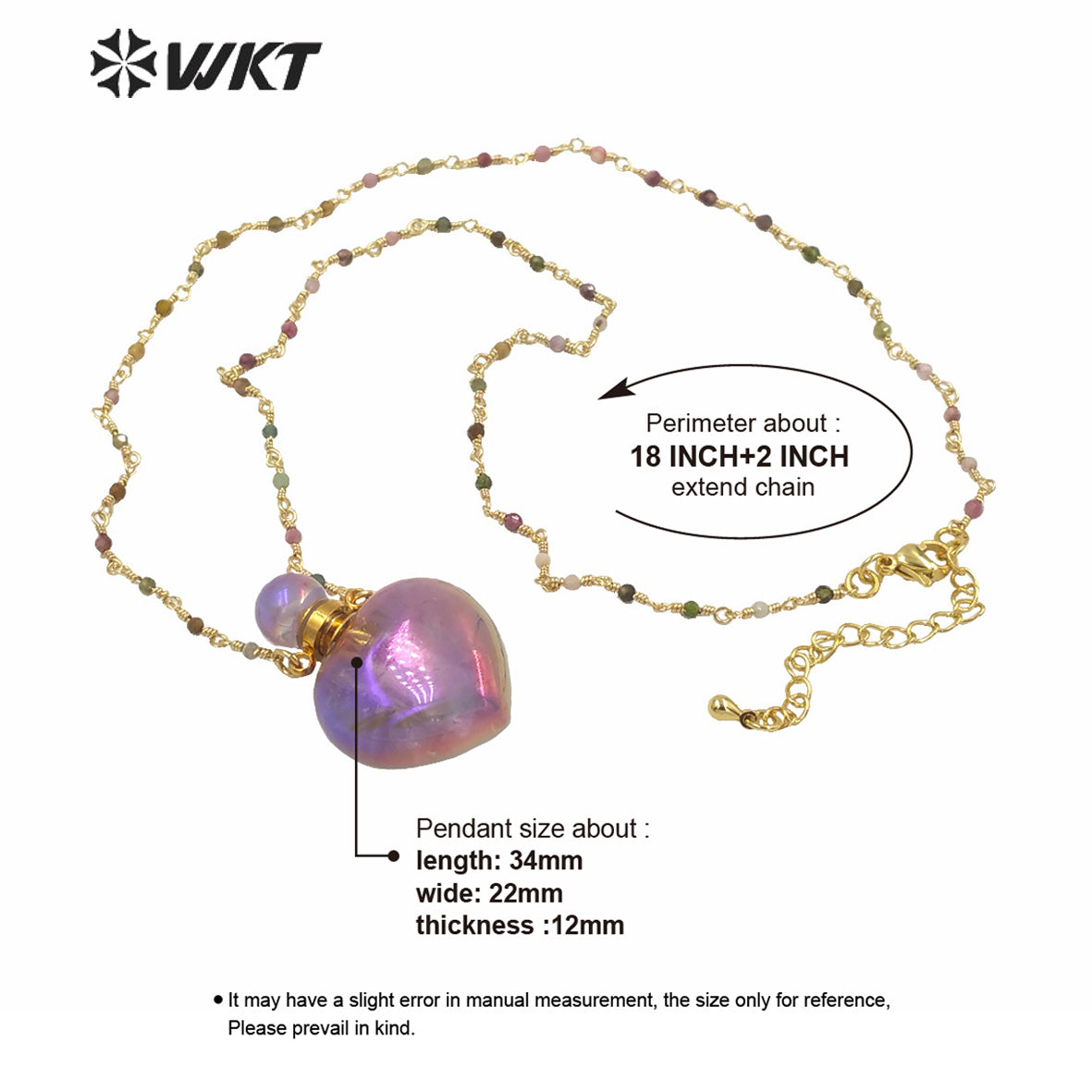 WT-N1238 Wholesale Gorgeous Amazing Heart Purple Bottle Necklace Natural a Methyst Stone Heart Perfume Bottle Necklace