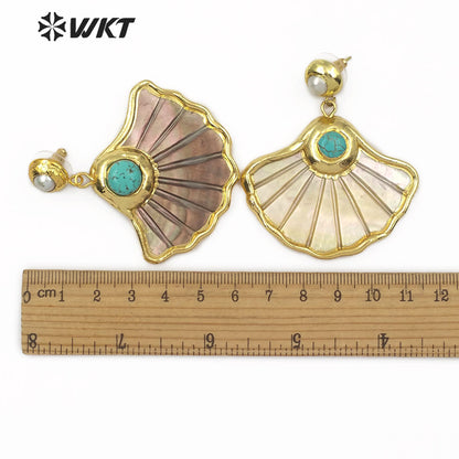 WT-E504 Amazing Big Punk Casual Style Natural Scallop Shape Shell Earrings 18k Real Gold Plated Shell with Turquoise Decorative