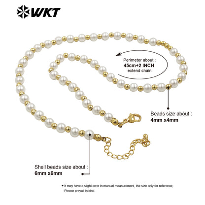 WT-JFN21 WKT 18 Inch Long 6mm Artificial Shell Pearl Space Beads Hand Strand Necklace in Real Gold Plated