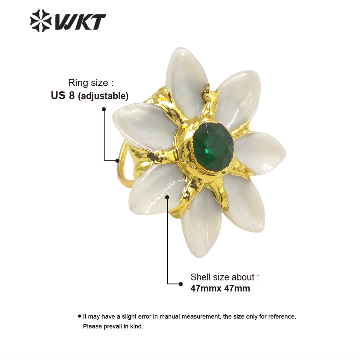 WT-MPR067 Gorgeous Trendy Fashion Natural White Shell and Green Jade Stone Ring for Women Lucky Unique Design Ring