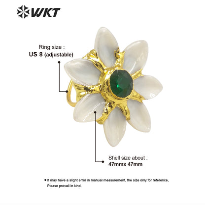 WT-MPR067 Gorgeous Trendy Fashion Natural White Shell and Green Jade Stone Ring for Women Lucky Unique Design Ring