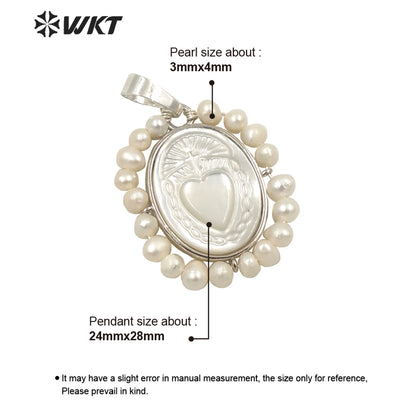 WT-JP254 Hot Handmade Carved White Shell Sacred Heart Pendant Women Wire Wrapped With Pearl Charm in Mary Heart Shell