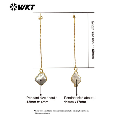 WT-MPE153 High Quality Natural Freshwater Pearl Long Earrings Gold Plated Double Design for Elegant Ladies Tiny Charm Jewelry