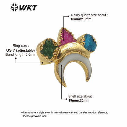 WT-MPR004 Amazing Unique Natural Druzy Stone Crescent Moon Ring High Quality Gold Electroplated Triple Stone Druzy Ring