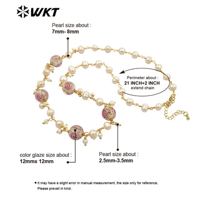 WT-JN239 Wholesale Fashion Pearl and Color Glaze Design 18k Chain Gold Plated Exquisite High Quality Scallop Pearl Necklace