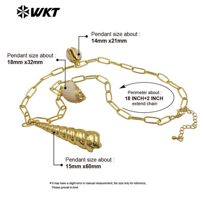 WT-JN317 Fashion Women Bohemian Vintage Style Big Link Chain Natural Cowrie Trumpet Shell Necklace For Summer