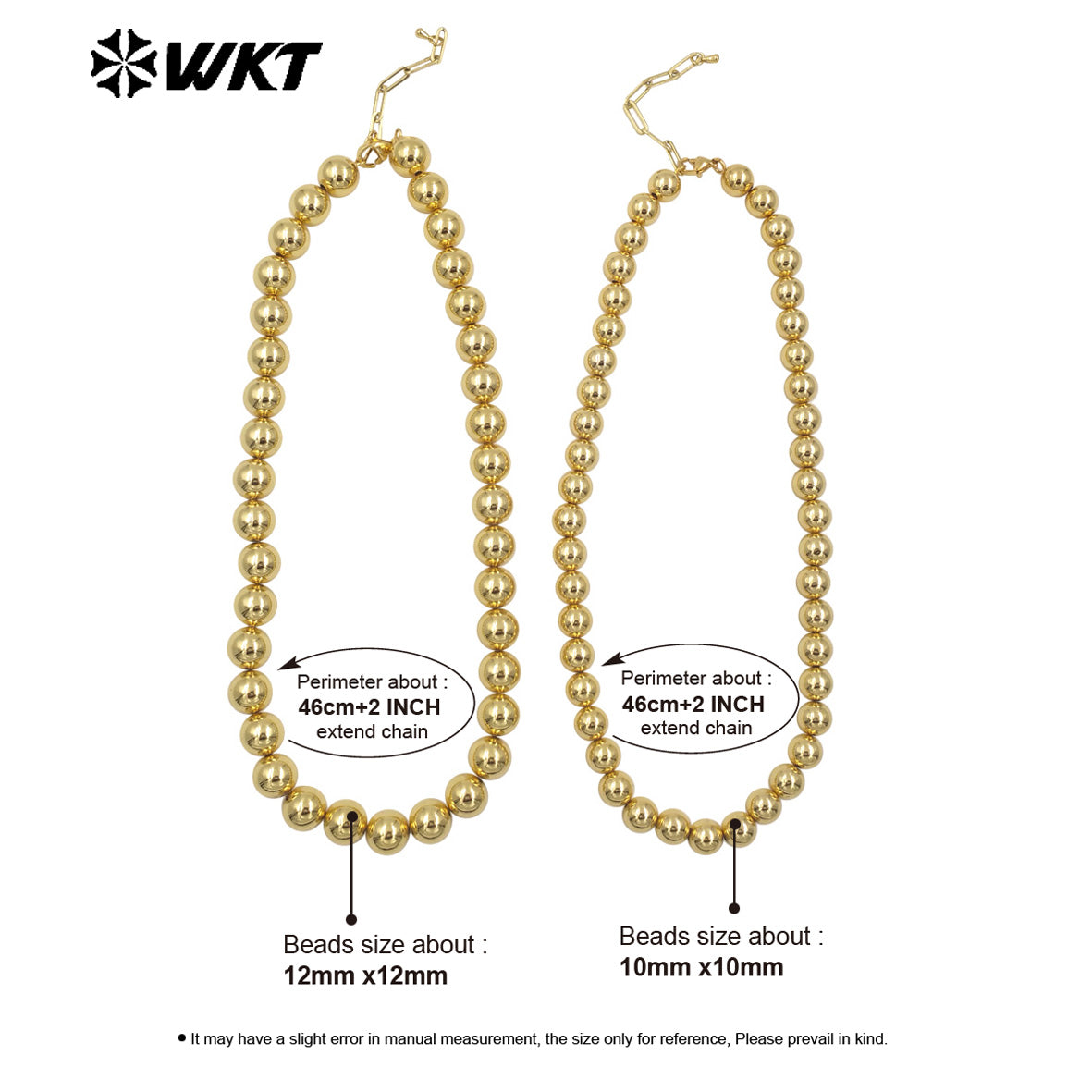 WT-JFN14 Fashionable 18K Real Gold Plated Round Big Brass Beads Hand Strand Chain Necklace 10 and 12MM Available
