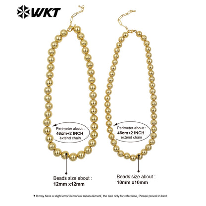 WT-JFN14 Fashionable 18K Real Gold Plated Round Big Brass Beads Hand Strand Chain Necklace 10 and 12MM Available