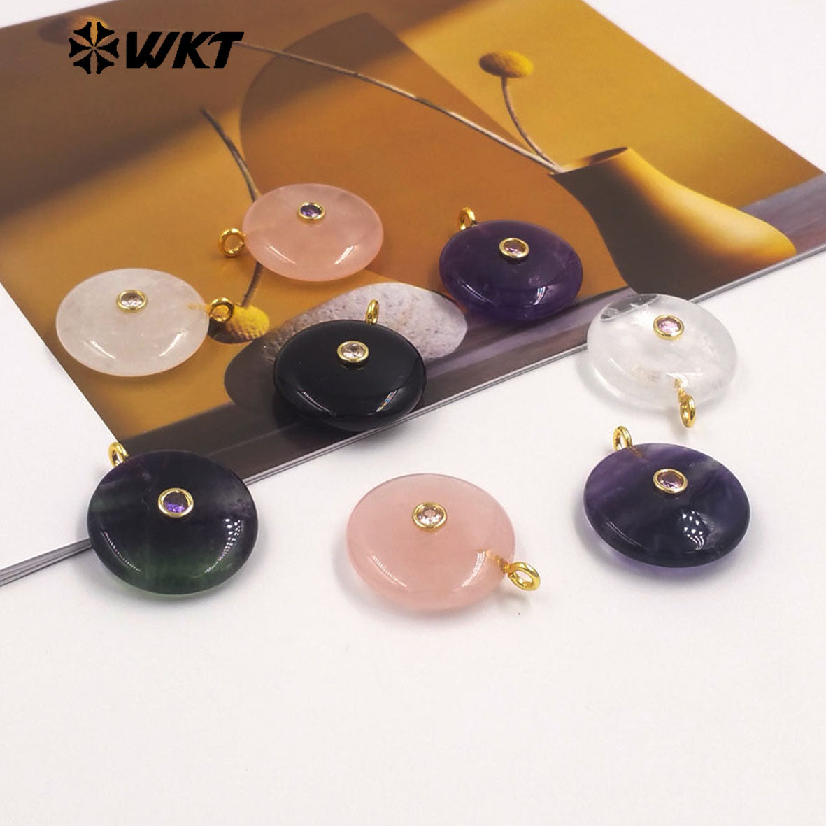 WT-P2086 Good Quality Amethyst Various Natural Gemstone And Zircon Round Gold Pendant For Simple Style Necklace Earring Making