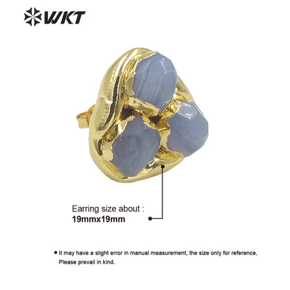 WT-E748 Newest WKT Exclusive Design Natural Triple Assemble Blue Agate Flower Shape Stone Studs America Hot Earrings