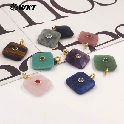 WT-P2089 Factory Wholesale Colorful Zircon And Natural Gemstone Square Gold Pendant For Handmade Jewelry Design Findings