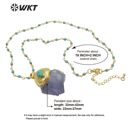 WT-N1288 Amazing Natural Raw Blue Fluorite Stone Necklace with Turquoise Charm High Fashion Gold Plated Gemstone Necklace