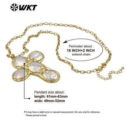 WT-JN349 Trendy 18K Gold Plated Tiny Square Chain Round Natural Freshwater Pearl Cross Pendant Necklace For Women Party Wearing